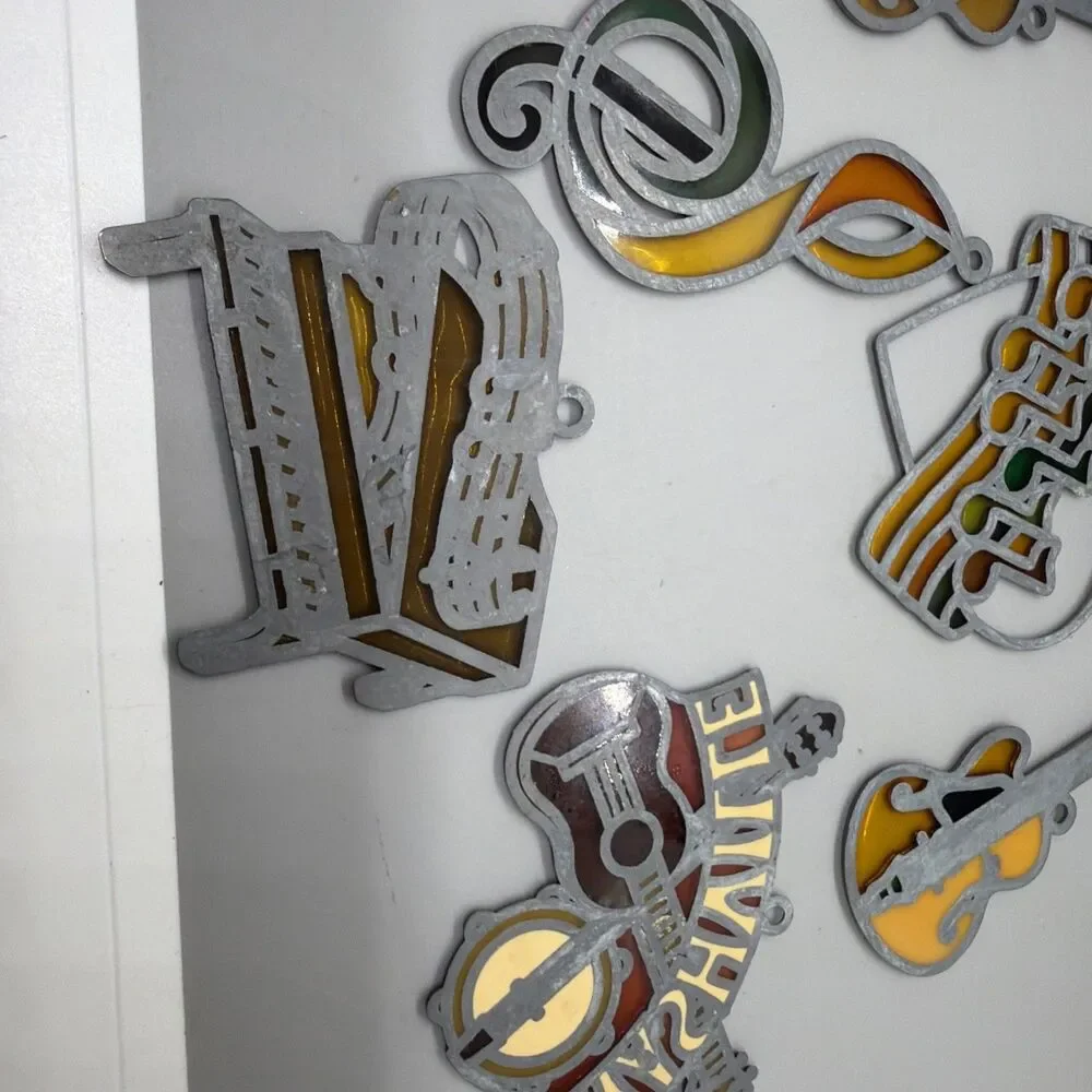 Vtg Nashville Guitar &music Suncatcher Ornaments Lot of 7 Stained Glass 70s 80s